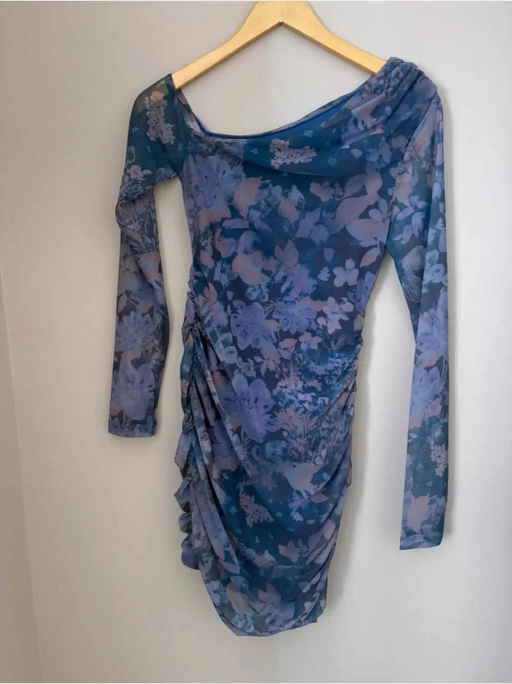 Free People Chloe One-Shoulder Floral Ruched Mesh Mini Dress - Blue & Purple